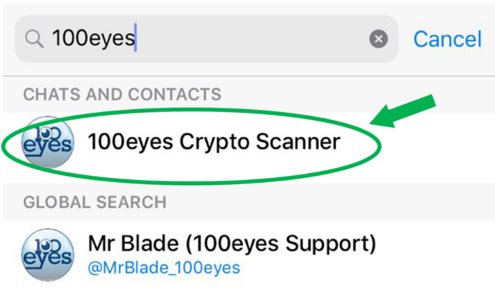 Search for 100eyes crypto scanner on Telegram