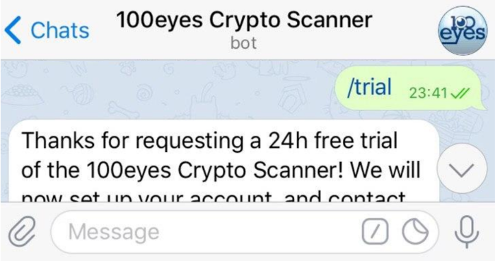 After starting your conversation with the crypto scanner, use /trial