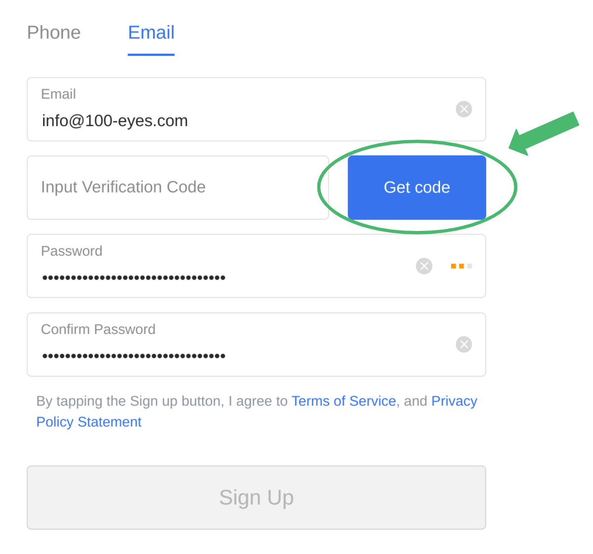 Step 2. After selecting Phone or Email to sign up, fill in your details and click on the Get code button