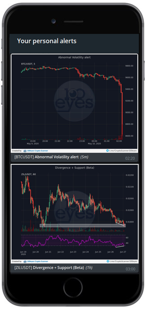 An example of the chat you will see once you sign up with the 100eyes crypto or forex scanner